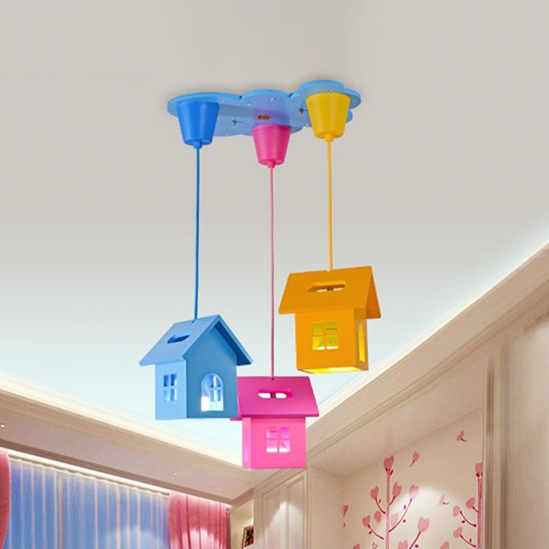 3-Head Bedroom Cluster Pendant Lighting Kids Blue-Pink-Yellow Hanging Light with House Wooden Shade Clearhalo 'Ceiling Lights' 'Pendant Lights' 'Pendants' Lighting' 1474246