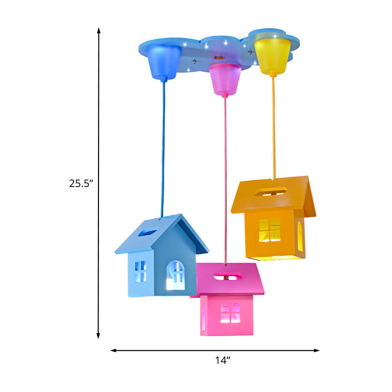 3-Head Bedroom Cluster Pendant Lighting Kids Blue-Pink-Yellow Hanging Light with House Wooden Shade Clearhalo 'Ceiling Lights' 'Pendant Lights' 'Pendants' Lighting' 1474248