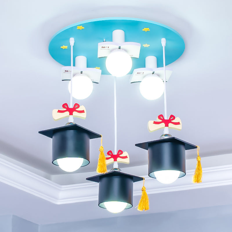 Bachelor Cap Metal Cluster Pendant Kids 6 Heads Blue Down Lighting for Children Bedroom Blue Clearhalo 'Ceiling Lights' 'Pendant Lights' 'Pendants' Lighting' 1474249_7be818ac-e159-46cd-b764-fbba49df8a8d