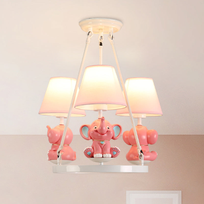 Resin Elephant Chandelier Light Fixture Kids 3 Heads Pink Pendant Lamp with Conical Fabric Shade Pink Clearhalo 'Ceiling Lights' 'Chandeliers' Lighting' options 1474254_b3d9e8fa-f1c1-4081-80d3-43d03d051ea6