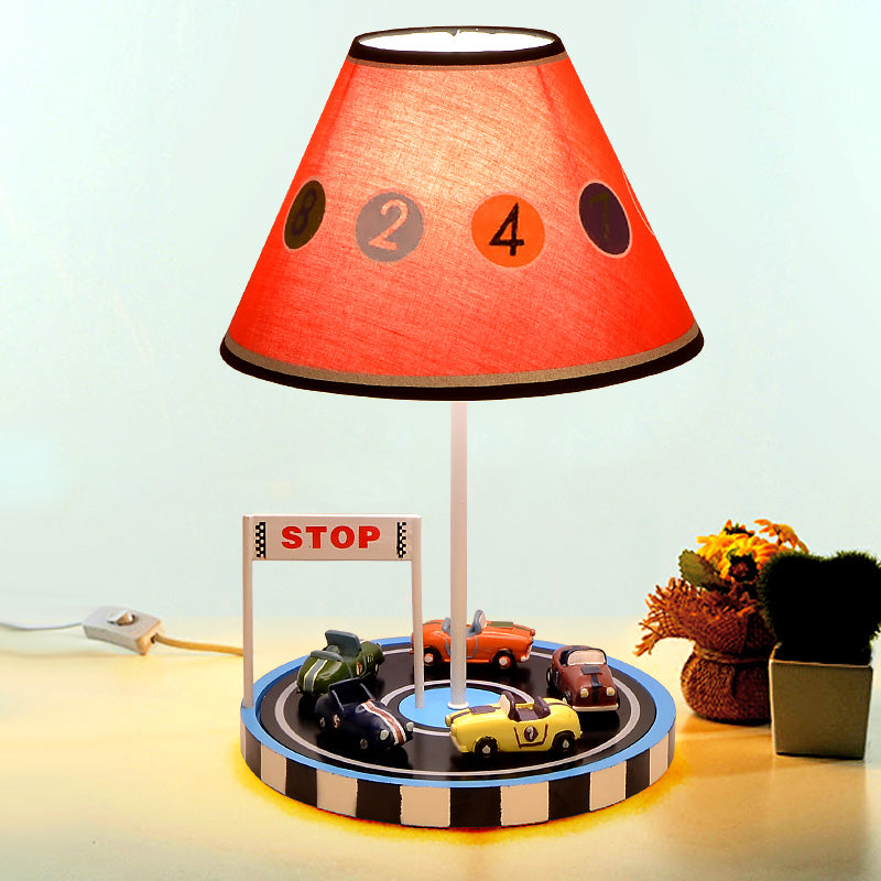 Kids Tapered Fabric Table Light 1-Bulb Nightstand Lighting in Red with Racing Vehicle Decor Clearhalo 'Lamps' 'Table Lamps' Lighting' 1474275