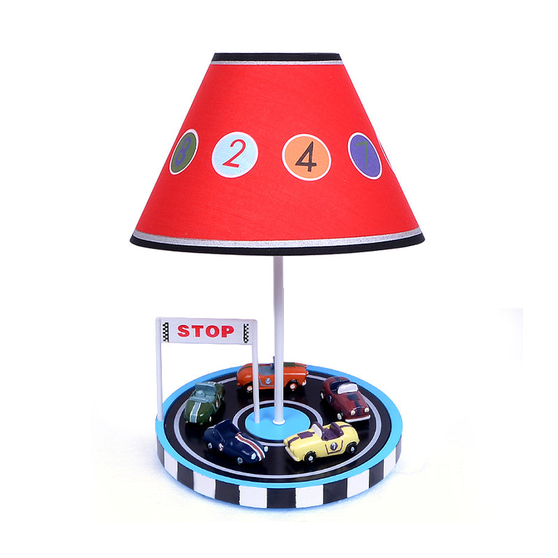 Kids Tapered Fabric Table Light 1-Bulb Nightstand Lighting in Red with Racing Vehicle Decor Clearhalo 'Lamps' 'Table Lamps' Lighting' 1474277