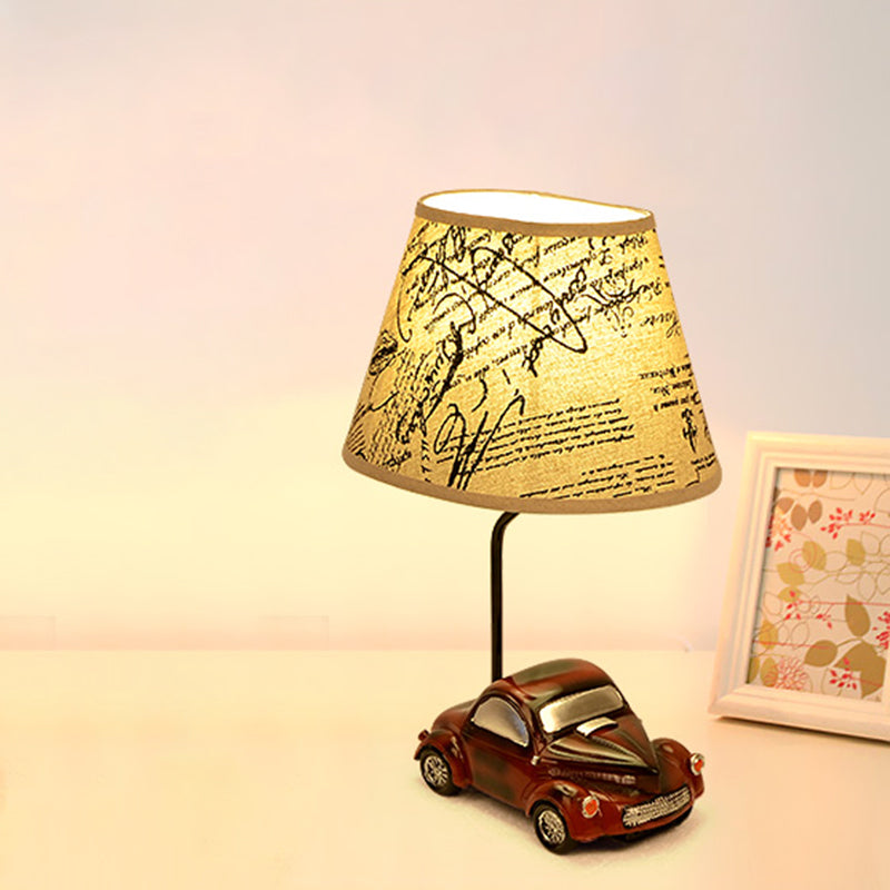 Barrel Night Table Lamp Kids Fabric 1-Light Bedroom Nightstand Light in Beige with Car Base Clearhalo 'Lamps' 'Table Lamps' Lighting' 1474280