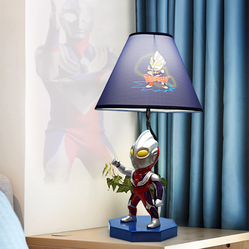 Blue Barrel/Trapezoid Table Lamp Kids 1 Head Fabric Nightstand Lighting with Ultraman Decoration Blue Trapezoid Clearhalo 'Lamps' 'Table Lamps' Lighting' 1474291