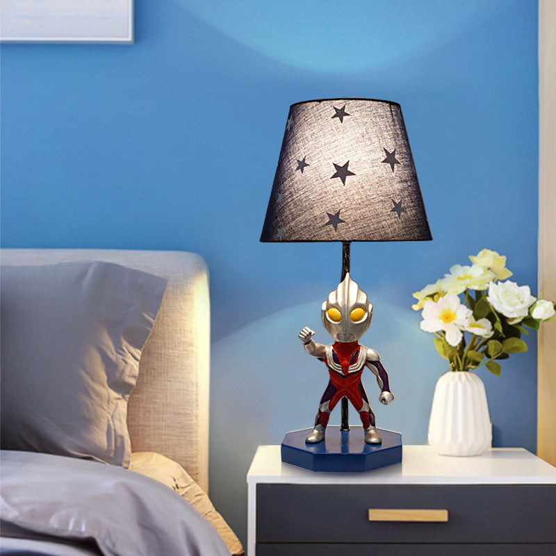 Blue Barrel/Trapezoid Table Lamp Kids 1 Head Fabric Nightstand Lighting with Ultraman Decoration Blue Barrel Clearhalo 'Lamps' 'Table Lamps' Lighting' 1474296