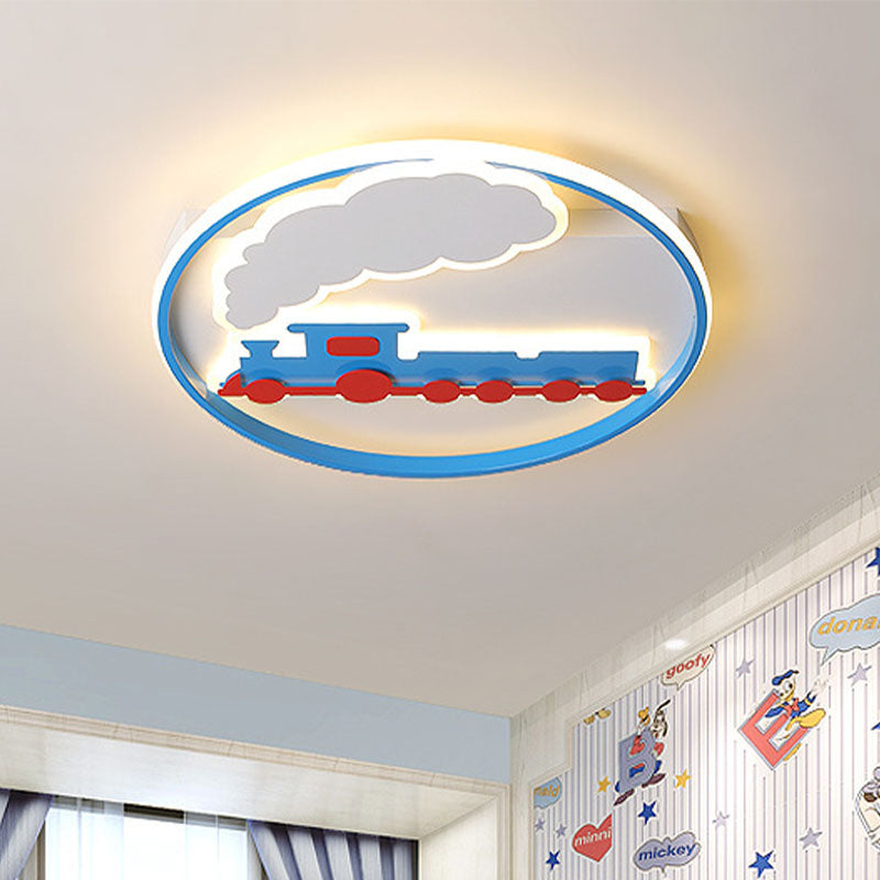 Train Flush Mount Ceiling Light Kids Acrylic LED Boys Bedroom Flushmount Lighting in Blue, 16