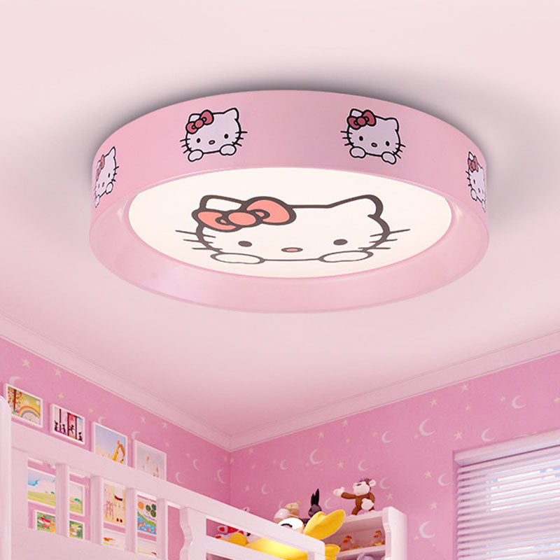 Round Nursery Flush Mount Light Metal LED Kids Flushmount Lighting in Pink with Cat Pattern, 16.5