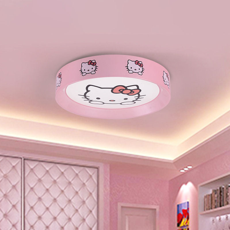 Round Nursery Flush Mount Light Metal LED Kids Flushmount Lighting in Pink with Cat Pattern, 16.5