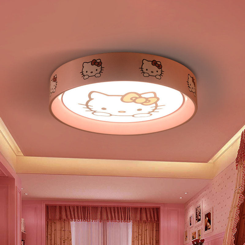 Round Nursery Flush Mount Light Metal LED Kids Flushmount Lighting in Pink with Cat Pattern, 16.5