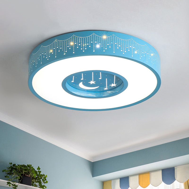 Metal Circular Flush Ceiling Light Kids LED Flush Mount Recessed Lighting with Moon and Star Pattern in Pink/Blue, 16