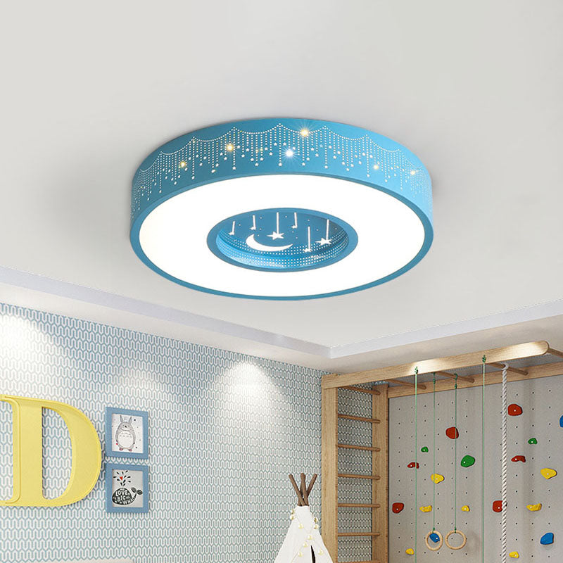 Metal Circular Flush Ceiling Light Kids LED Flush Mount Recessed Lighting with Moon and Star Pattern in Pink/Blue, 16