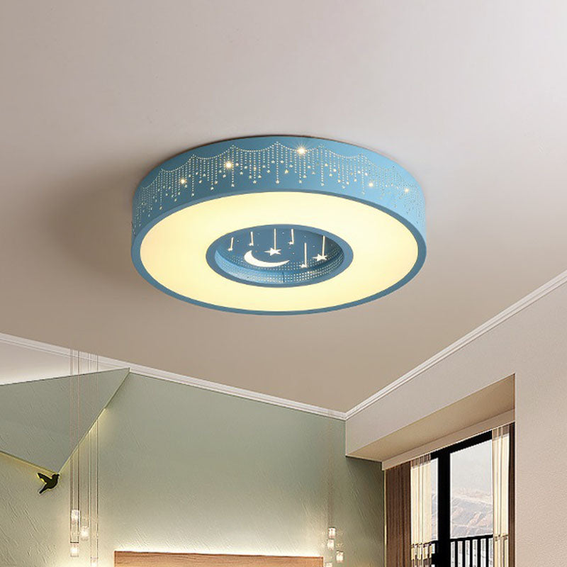 Metal Circular Flush Ceiling Light Kids LED Flush Mount Recessed Lighting with Moon and Star Pattern in Pink/Blue, 16