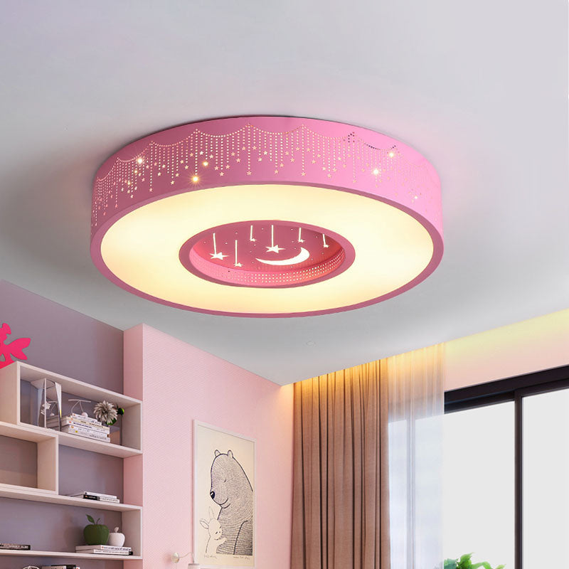 Metal Circular Flush Ceiling Light Kids LED Flush Mount Recessed Lighting with Moon and Star Pattern in Pink/Blue, 16