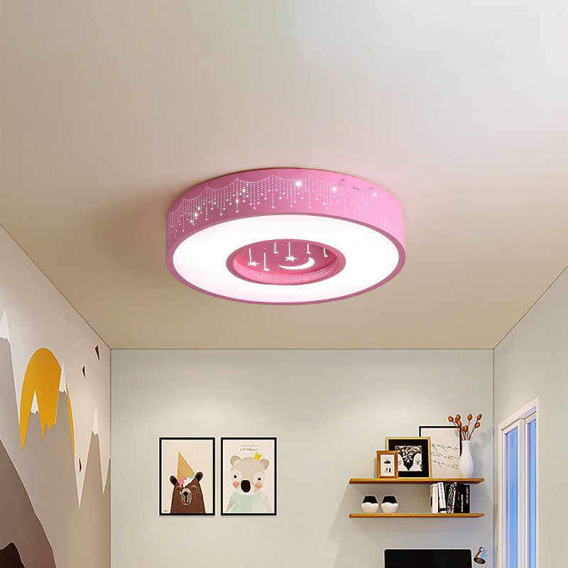 Metal Circular Flush Ceiling Light Kids LED Flush Mount Recessed Lighting with Moon and Star Pattern in Pink/Blue, 16