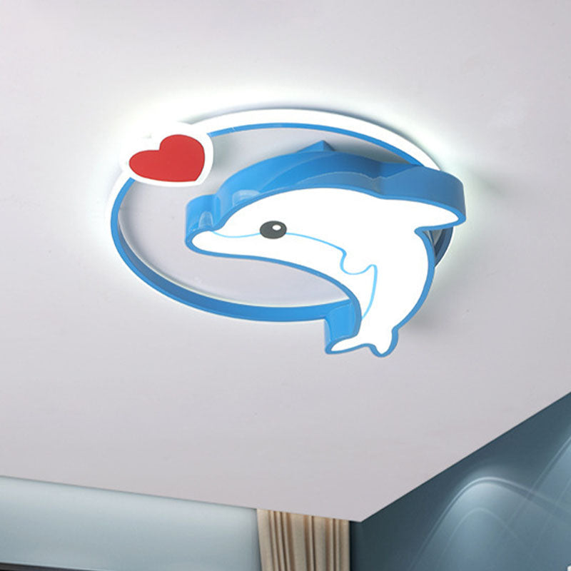 LED Nursery Ceiling Lamp Kids Blue Flush Mount Lighting Fixture with Dolphin Acrylic Shade, 16