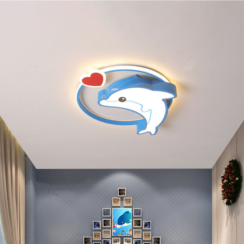 LED Nursery Ceiling Lamp Kids Blue Flush Mount Lighting Fixture with Dolphin Acrylic Shade, 16