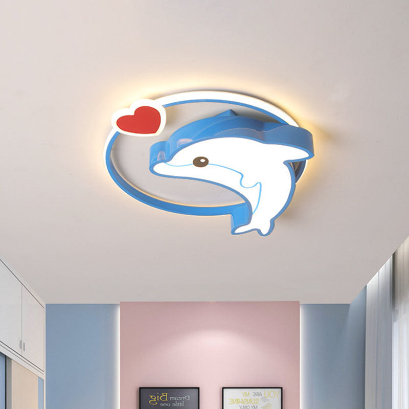 LED Nursery Ceiling Lamp Kids Blue Flush Mount Lighting Fixture with Dolphin Acrylic Shade, 16