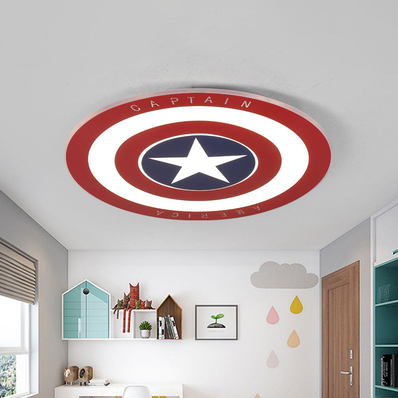 Circle Boys Bedroom Ceiling Light Metal LED Kids Flush Mount Lighting Fixture in Red with Pentagram Pattern, 16.5