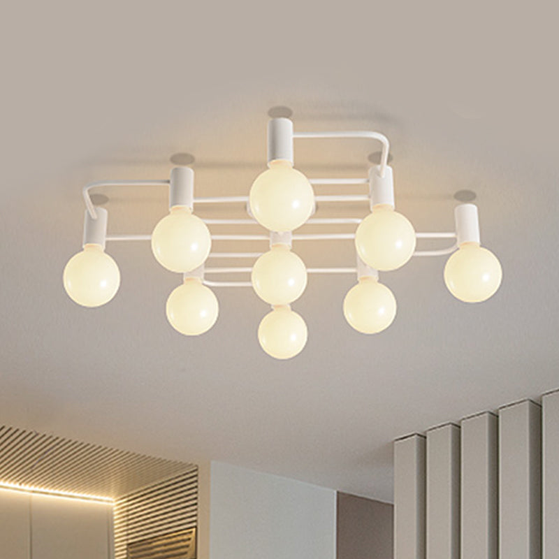 White/Black 9 Heads Ceiling Light Industrial Iron Bulb Shape Semi Flush Mount Lighting with Maze Design White Clearhalo 'Ceiling Lights' 'Close To Ceiling Lights' 'Close to ceiling' 'Semi-flushmount' Lighting' 1474799