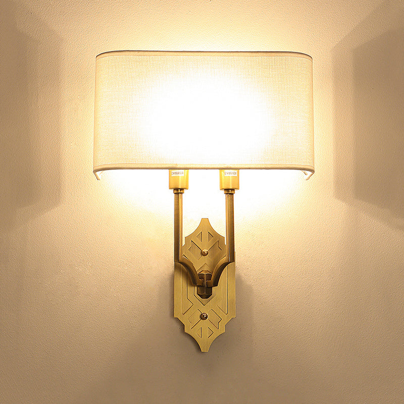 Colonial Rectangular Wall Sconce Lamp 2 Heads Fabric Wall Light Fixture in Gold for Bedroom Clearhalo 'Wall Lamps & Sconces' 'Wall Lights' Lighting' 1474903