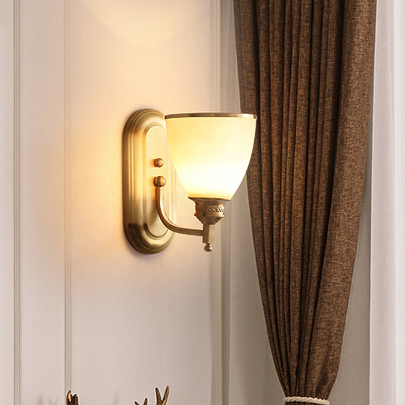 Gold Bud Wall Light Sconce Colonialist Frosted White Glass 1 Light Bedroom Wall Lamp Fixture Clearhalo 'Wall Lamps & Sconces' 'Wall Lights' Lighting' 1474951