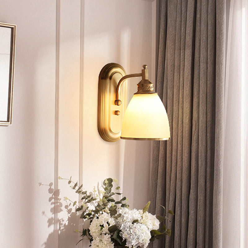 Gold Bud Wall Light Sconce Colonialist Frosted White Glass 1 Light Bedroom Wall Lamp Fixture Clearhalo 'Wall Lamps & Sconces' 'Wall Lights' Lighting' 1474952