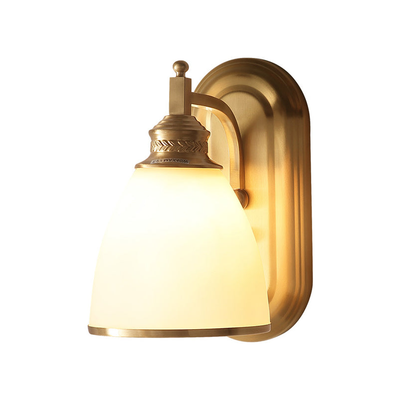 Gold Bud Wall Light Sconce Colonialist Frosted White Glass 1 Light Bedroom Wall Lamp Fixture Clearhalo 'Wall Lamps & Sconces' 'Wall Lights' Lighting' 1474953