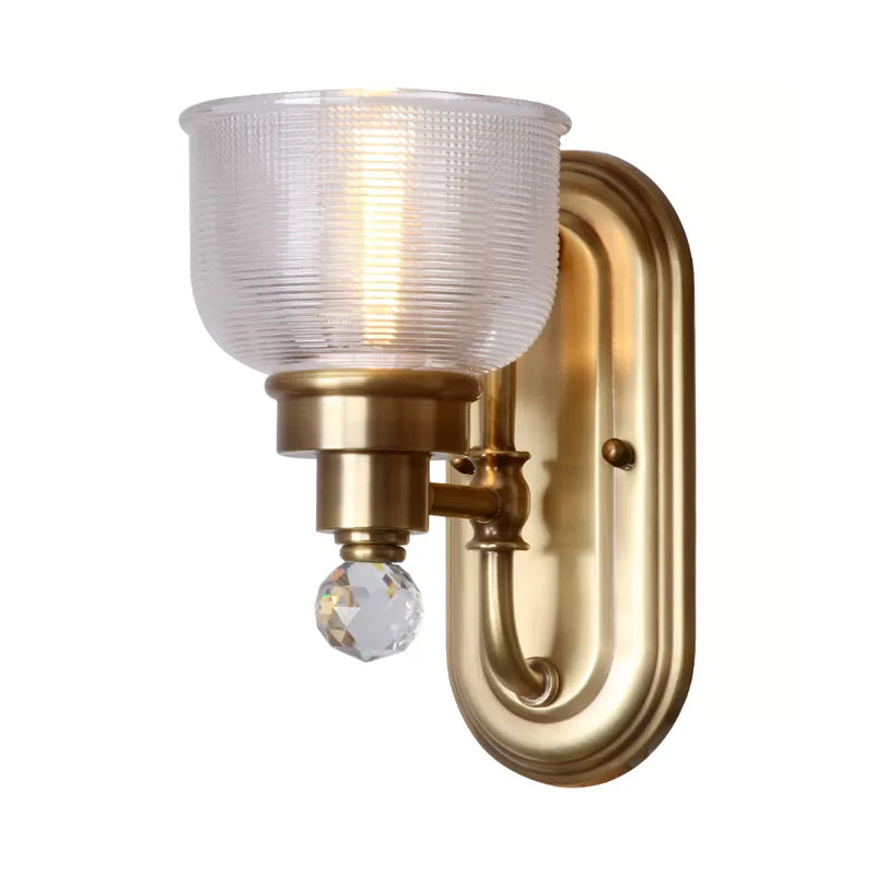 Clear Ribbed Glass Gold Wall Lamp Domed 1-Bulb Colonialism Wall Light with Clear Crystal Ball Clearhalo 'Wall Lamps & Sconces' 'Wall Lights' Lighting' 1474958