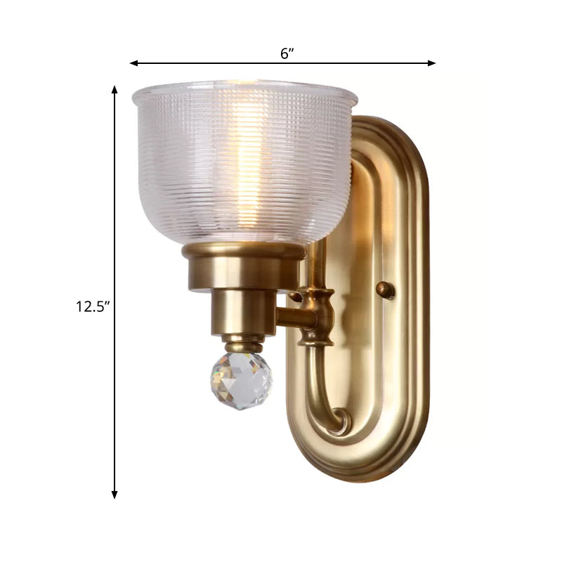 Clear Ribbed Glass Gold Wall Lamp Domed 1-Bulb Colonialism Wall Light with Clear Crystal Ball Clearhalo 'Wall Lamps & Sconces' 'Wall Lights' Lighting' 1474959