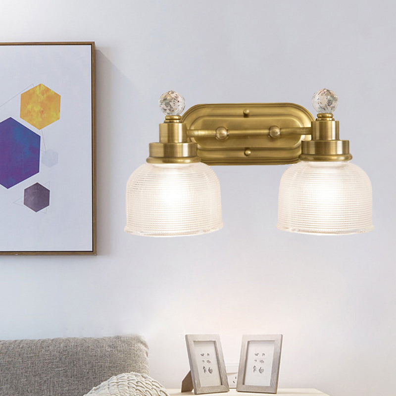 2 Lights Clear Prismatic Glass Vanity Light Traditional Gold Domed Bedroom Metal Wall Sconce with Crystal Drop Clearhalo 'Vanity Lights' 'Wall Lights' Lighting' 1474962