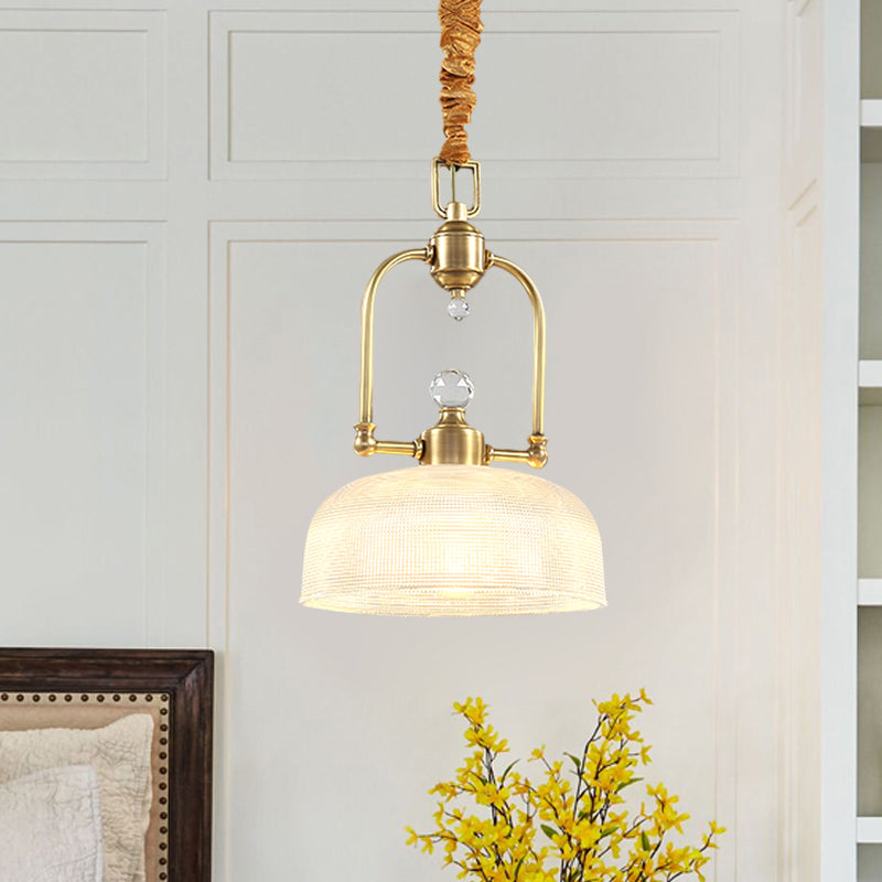 Golden 1 Light Drop Pendant Traditional Clear Prismatic Glass Dome Shade Metal Suspension Lighting Clearhalo 'Ceiling Lights' 'Pendant Lights' 'Pendants' Lighting' 1474981