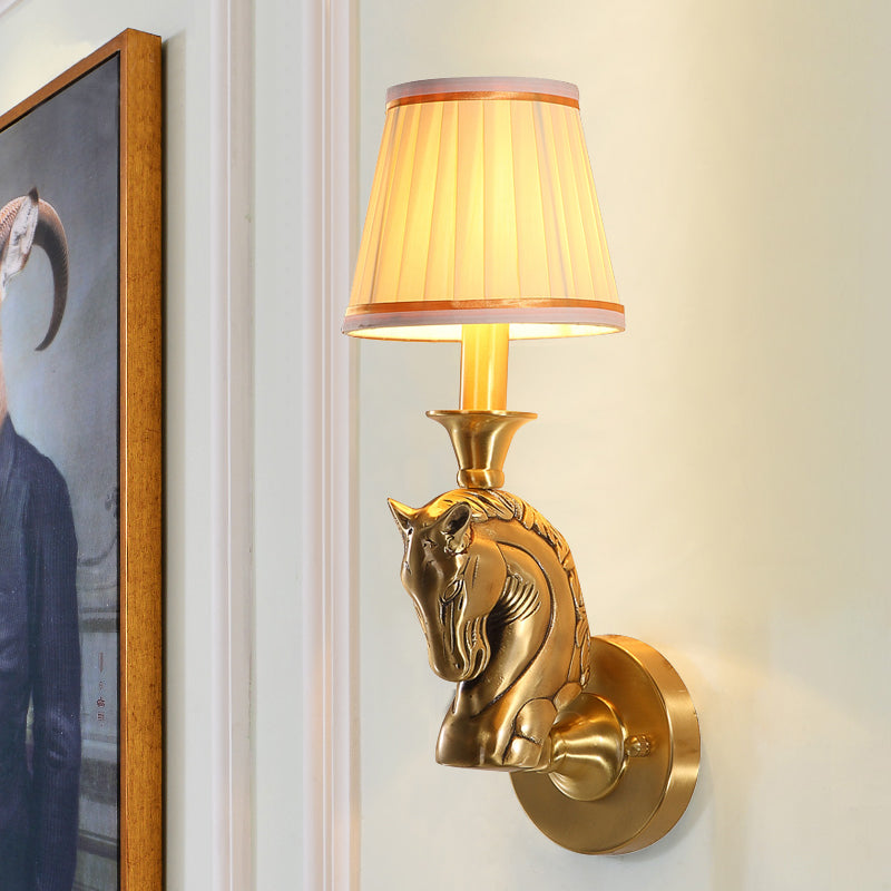 Fabric Conical Wall Light Fixture Rustic 1 Bulb Hallway Wall Lamp Sconce in Gold with Horse Head Arm Gold Clearhalo 'Wall Lamps & Sconces' 'Wall Lights' Lighting' 1475035