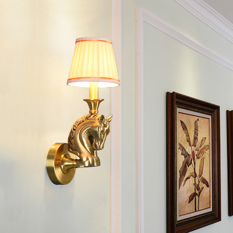 Fabric Conical Wall Light Fixture Rustic 1 Bulb Hallway Wall Lamp Sconce in Gold with Horse Head Arm Clearhalo 'Wall Lamps & Sconces' 'Wall Lights' Lighting' 1475037