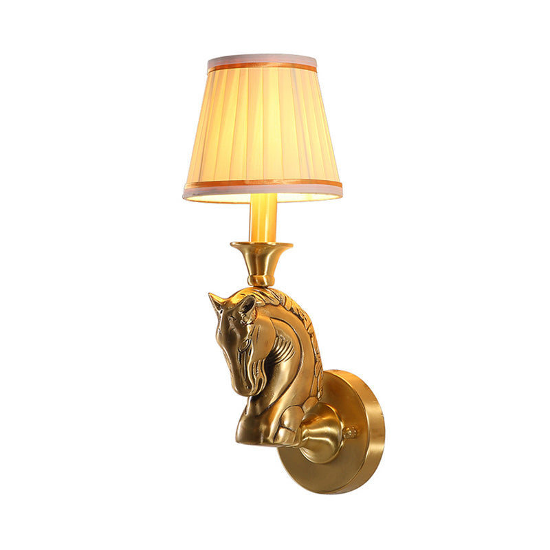 Fabric Conical Wall Light Fixture Rustic 1 Bulb Hallway Wall Lamp Sconce in Gold with Horse Head Arm Clearhalo 'Wall Lamps & Sconces' 'Wall Lights' Lighting' 1475038