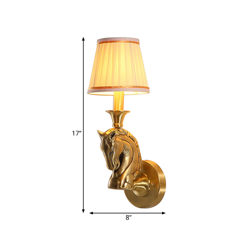 Fabric Conical Wall Light Fixture Rustic 1 Bulb Hallway Wall Lamp Sconce in Gold with Horse Head Arm Clearhalo 'Wall Lamps & Sconces' 'Wall Lights' Lighting' 1475039