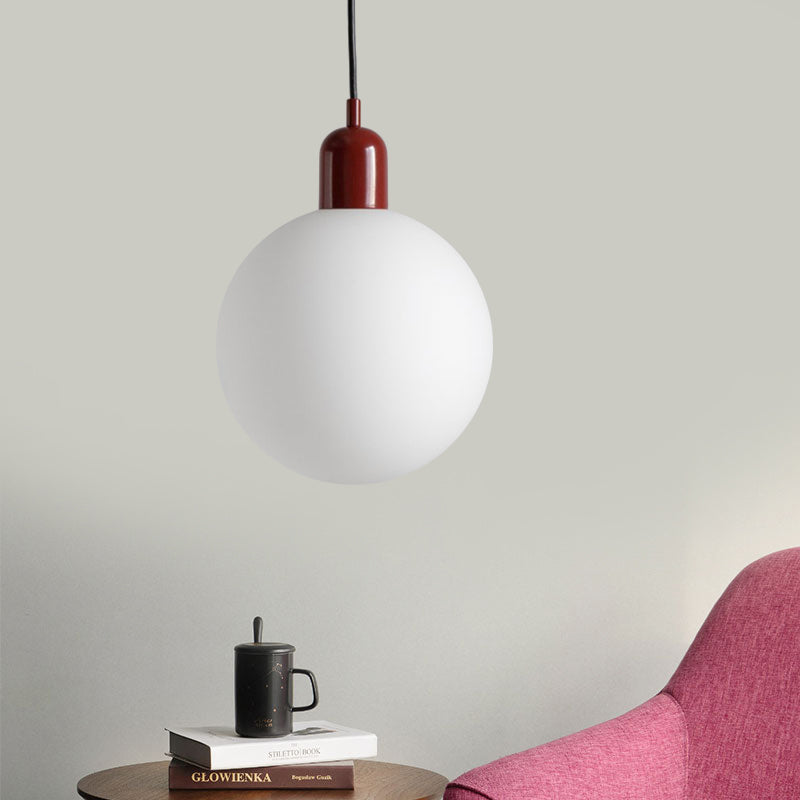 Simple Spherical Opal Glass Drop Pendant 1-Light Hanging Ceiling Light with Red/White/Green Cap Red Clearhalo 'Ceiling Lights' 'Glass shade' 'Glass' 'Modern Pendants' 'Modern' 'Pendant Lights' 'Pendants' Lighting' 1475212