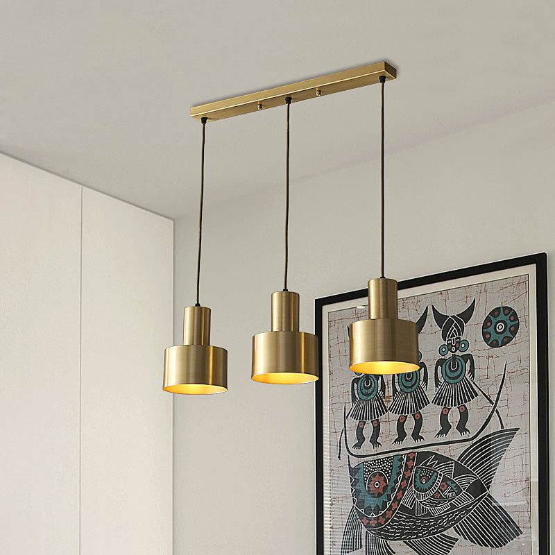 Metal Cylinder Suspension Lamp Colonial 3 Lights Kitchen Cluster Pendant Light in Gold with Linear/Round Canopy Clearhalo 'Ceiling Lights' 'Pendant Lights' 'Pendants' Lighting' 1475302