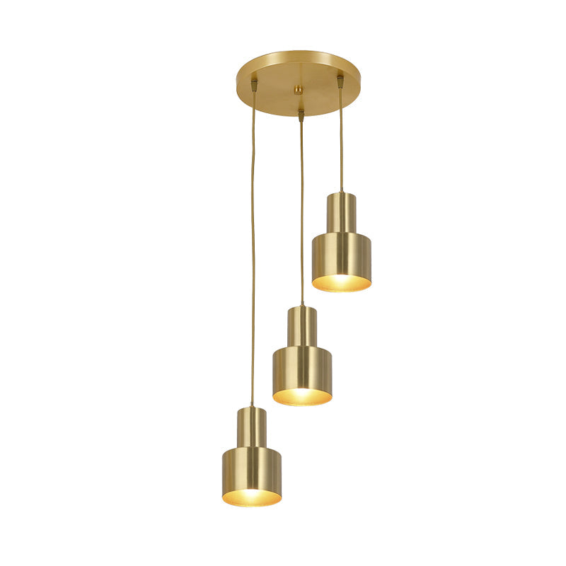 Metal Cylinder Suspension Lamp Colonial 3 Lights Kitchen Cluster Pendant Light in Gold with Linear/Round Canopy Clearhalo 'Ceiling Lights' 'Pendant Lights' 'Pendants' Lighting' 1475309