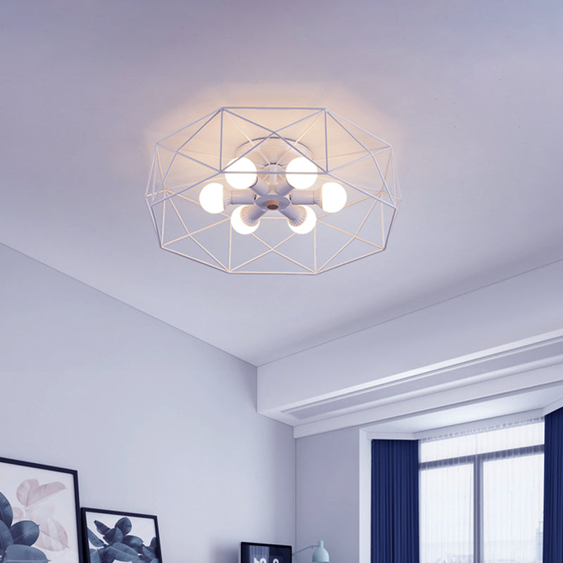 White Hexagon Cage Flush Mount Nordic 3/6 Lights Iron Flush Ceiling Light Fixture with Bare Bulb Design 6 White Clearhalo 'Ceiling Lights' 'Close To Ceiling Lights' 'Close to ceiling' 'Flush mount' Lighting' 1475474