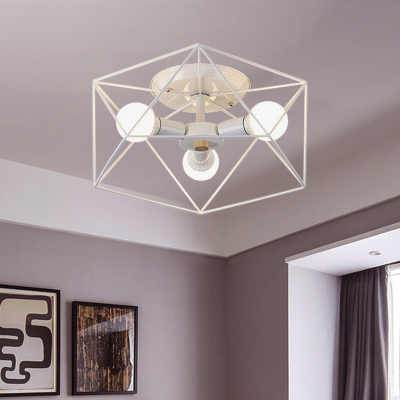 White Hexagon Cage Flush Mount Nordic 3/6 Lights Iron Flush Ceiling Light Fixture with Bare Bulb Design 3 White Clearhalo 'Ceiling Lights' 'Close To Ceiling Lights' 'Close to ceiling' 'Flush mount' Lighting' 1475479
