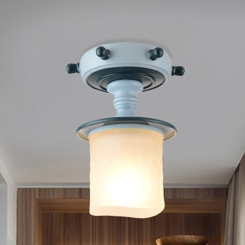 1-Light Corridor Semi-Flush Mount Mediterranean Blue Flush Light with Cylindrical Opal Glass Shade Blue Clearhalo 'Ceiling Lights' 'Close To Ceiling Lights' 'Close to ceiling' 'Glass shade' 'Glass' 'Pendant Lights' 'Semi-flushmount' Lighting' 1475492