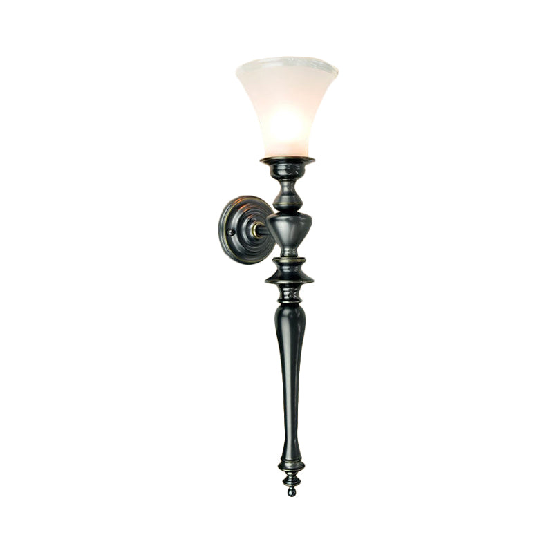 Black Flared Wall Lamp Retro Cream Glass 1 Head Living Room Wall Sconce with Linear Metal Arm Clearhalo 'Wall Lamps & Sconces' 'Wall Lights' Lighting' 1475624