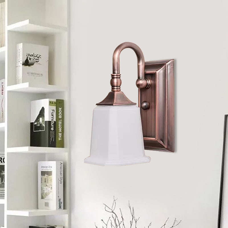 Retro Flared Wall Sconce Lighting 1-Head Cream Glass Wall Light Fixture in Copper with Gooseneck Arm Clearhalo 'Wall Lamps & Sconces' 'Wall Lights' Lighting' 1475638