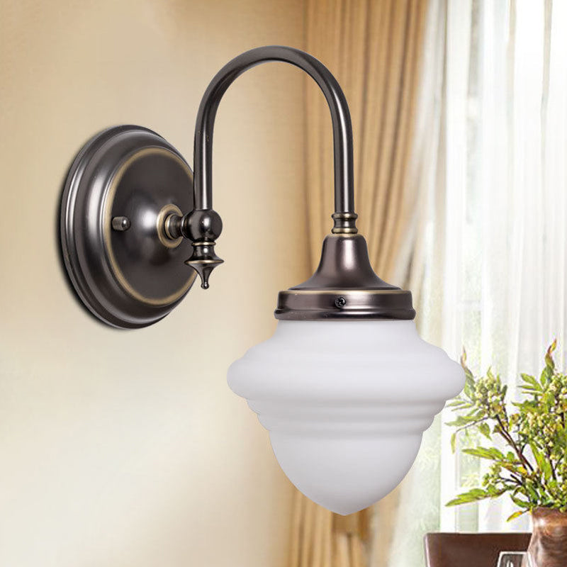 Gooseneck Arm Bedroom Sconce Light Vintage Milk Glass 1-Light Black Wall Lighting Fixture Black Clearhalo 'Wall Lamps & Sconces' 'Wall Lights' Lighting' 1475642