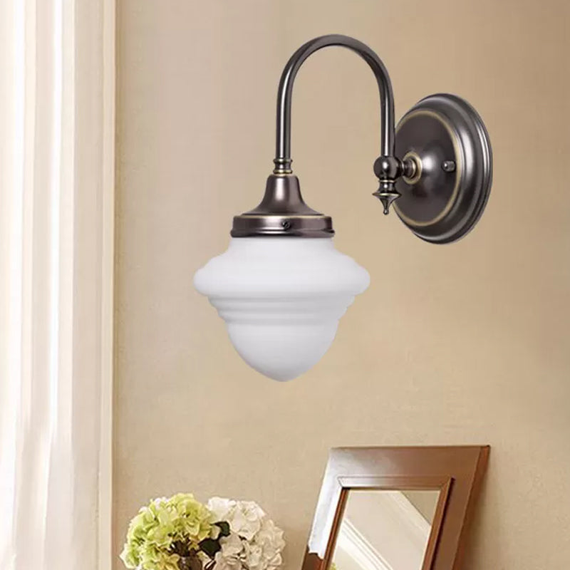 Gooseneck Arm Bedroom Sconce Light Vintage Milk Glass 1-Light Black Wall Lighting Fixture Clearhalo 'Wall Lamps & Sconces' 'Wall Lights' Lighting' 1475643