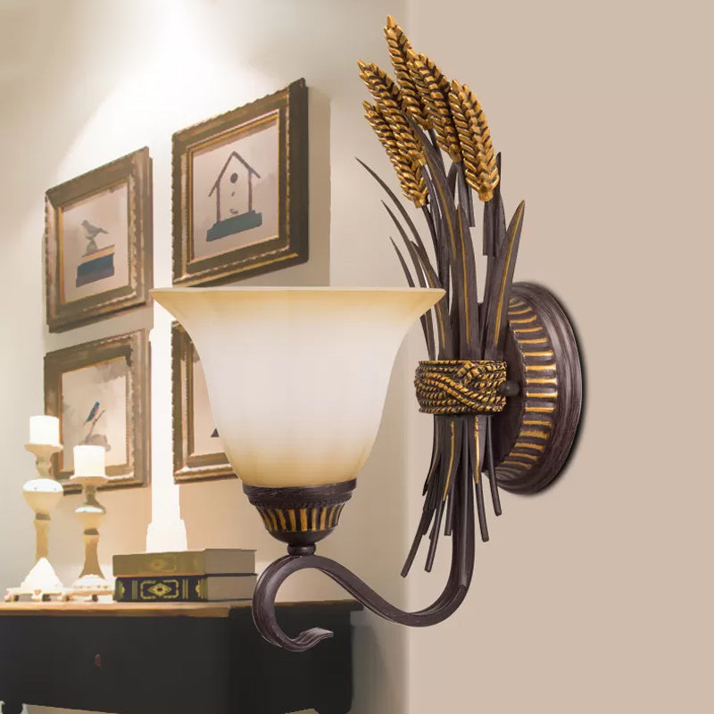 Milk Glass Brass Sconce Lamp Flared 1 Head Traditionalism Wall Mounted Light with Wheat Spike Decor Clearhalo 'Wall Lamps & Sconces' 'Wall Lights' Lighting' 1475648