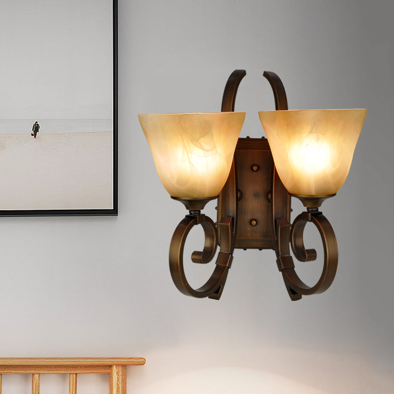 Traditional Bell Sconce Lighting 2 Bulbs Frosted Glass Wall Mounted Lamp in Bronze with Scrolling Arm Clearhalo 'Wall Lamps & Sconces' 'Wall Lights' Lighting' 1475653