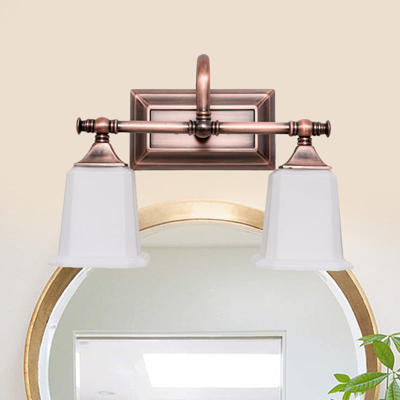 Copper 2/3-Head Vanity Light Fixture Traditional Ivory Glass Trapezoid Wall Lighting with Twist Arm for Bathroom Clearhalo 'Vanity Lights' 'Wall Lights' Lighting' 1475657