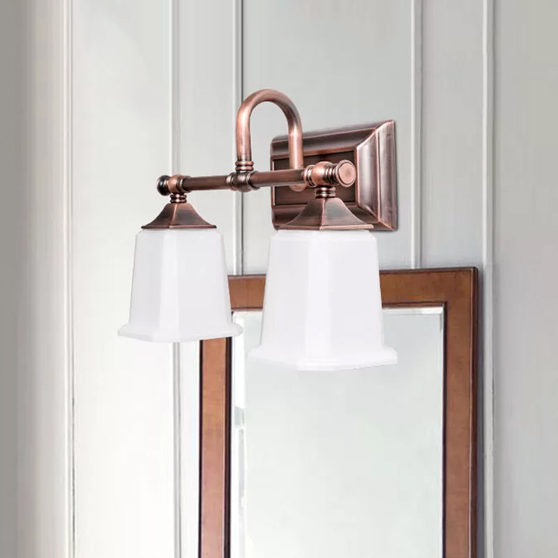 Copper 2/3-Head Vanity Light Fixture Traditional Ivory Glass Trapezoid Wall Lighting with Twist Arm for Bathroom Clearhalo 'Vanity Lights' 'Wall Lights' Lighting' 1475658