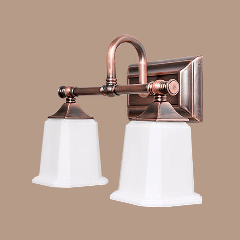 Copper 2/3-Head Vanity Light Fixture Traditional Ivory Glass Trapezoid Wall Lighting with Twist Arm for Bathroom Clearhalo 'Vanity Lights' 'Wall Lights' Lighting' 1475660